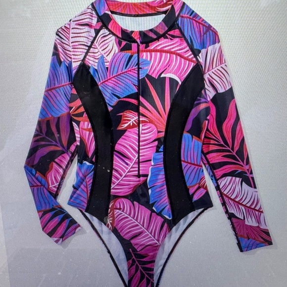 SPRTY Women L/S Tropical Leaf Print One-piece Swimsuit--Rashguard-Surf -Sz. XL - Picture 2 of 9